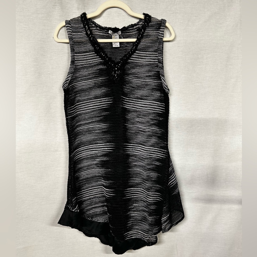 Alberto Makali Sheer Black White Ombré Stripe Beaded Tunic Top Y2K Vintage M